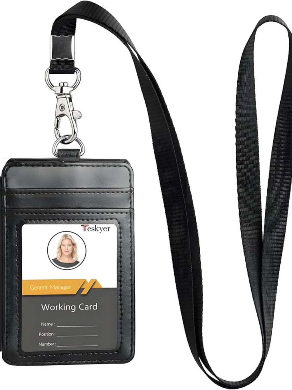 Leather ID Badge Holder with Lanyard, Lanyard Wallet, Black